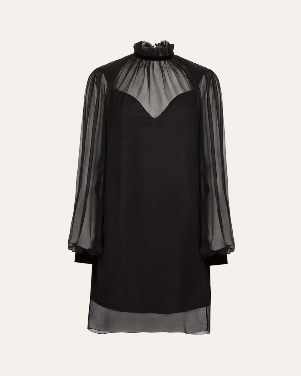 Ruffle-Neck Sheer Silk Mini Dress